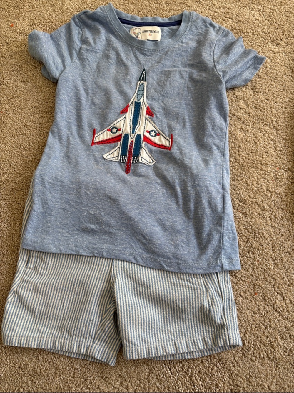 Blue Airplane Graphic Tee and Striped Shorts Set